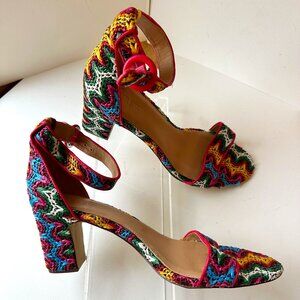 J CREW CORA SZ 12 RAINBOW RAFFIA CHUNKY BLOCK HEEL WOVEN ANKLE STRAP SANDAL PUMP